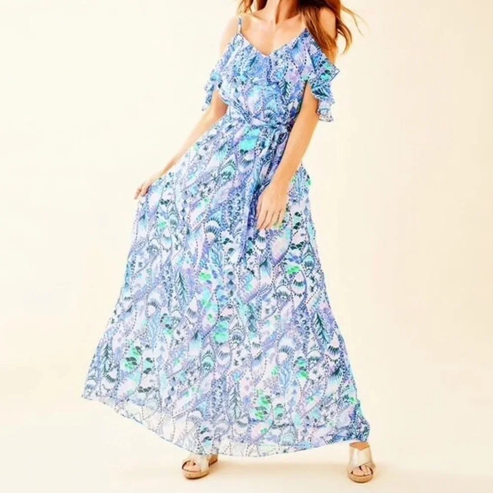 Lilly Pulitzer Zadie Maxi Dress Tails Of The Sea Purple Blue Green Size Large - Picture 1 of 13
